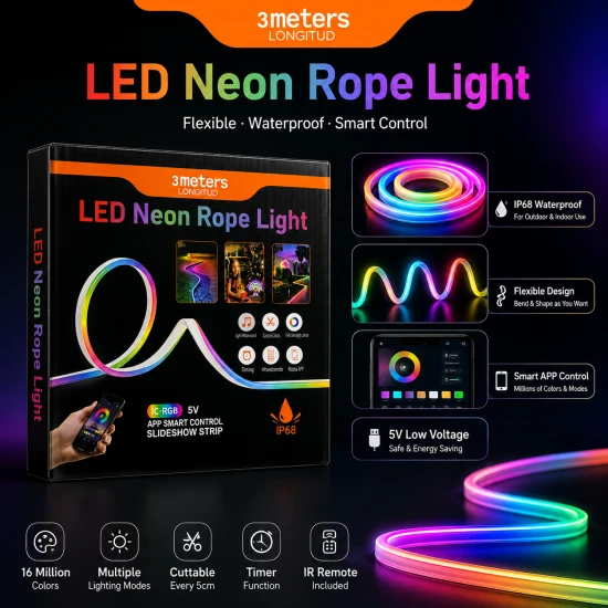 حبل إضاءة نيون LED ذكي تفاعلي (IC-RGB) مع تحكم بالهاتف وريموت - 5 فولت
