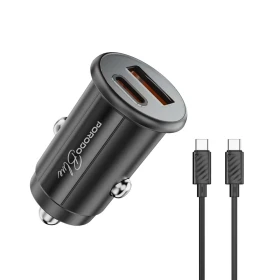 Porodo Blue Dual Port 36W Car Charger with C to C Cable - Black