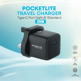 Pocketlite Travel Charger PD25W+QC Port Gan UK standard Black