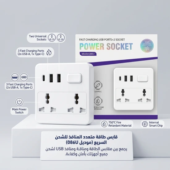 محول وقابس طاقة جداري للشحن السريع (منفذين كهرباء + 2x USB-A + 1x Type-C) - موديل 086U