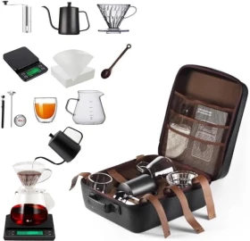 10 Pcs Coffee Maker Set with Adjustable Thickness, Layered Extraction, EVA Bag, Electronic Scale, Manual Grinder, 600ML Kettle, 600ML Server, 2-4Cups Dripper, 250ML Mug,